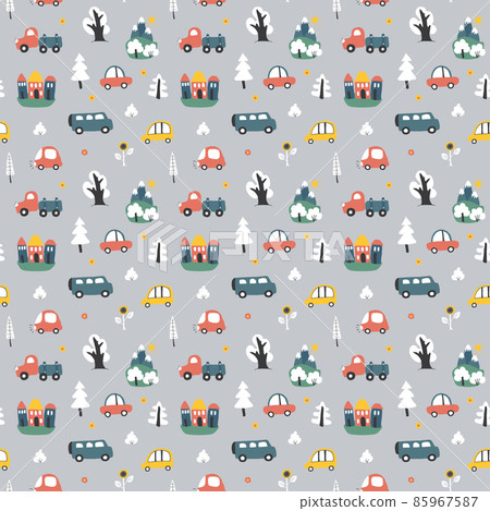 Cute Cars Seamless Pattern, Cartoon transportation Doodles Background, vector Illustration 85967587