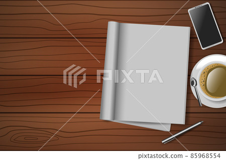 Top view of wooden table with open blank notebook, pen, coffee cup and smartphone. vector illustration 85968554