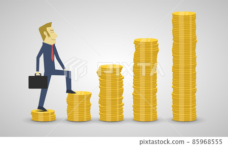 Business man walks up on stack of coins rising - concept of money growth and investment 85968555