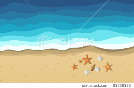 Sea water waves on beach with seashells and starfish Sea water waves on beach with seashells and starfish 85968556