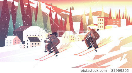 people skiing man woman tourists couple doing activities winter vacation concept sunset snowfall landscape background 85969205