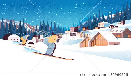 skier woman sliding down sportswoman skiing doing activities winter vacation concept skier woman sliding down sportswoman skiing doing activities winter vacation concept 85969206