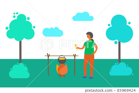 Woman Cooking Outdoor, Picnic on Nature in Summer Woman Cooking Outdoor, Picnic on Nature in Summer 85969424