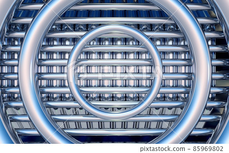 Abstract background with chrome circles over metallic pipes. 3D illustration Abstract background with chrome circles over metallic pipes. 3D illustration 85969802