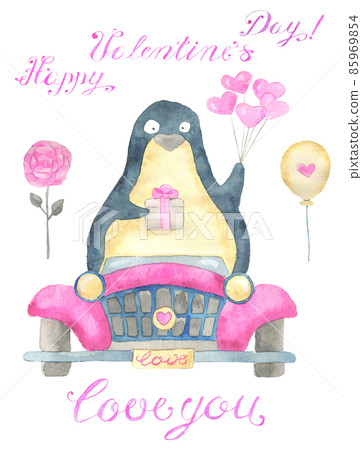 Greeting card design with adorable kawaii penguin bird with heart, text, retro car and love symbols isolated on white background, concept for Valentine's Day holiday 85969854