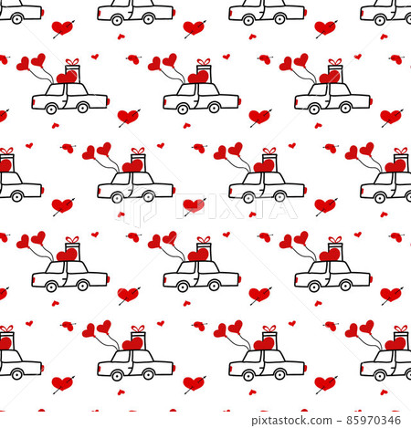 Vector seamless pattern for Valentine's day. Pattern with car and balloons. Pattern in doodle style. Vector seamless pattern for Valentine's day. Pattern with car and balloons. Pattern in doodle style. 85970346