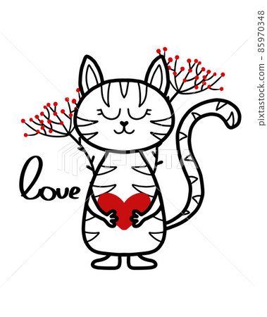 Vector illustration of cute tabby cat for Valentine's day. Valentine's Day card. Kid's illustration of a cat in doodle style. Vector illustration of cute tabby cat for Valentine's day. Valentine's Day card. Kid's illustration of a cat in doodle style. 85970348