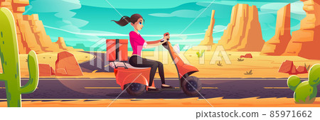 Young woman ride scooter, girl driver traveling Young woman ride scooter, girl driver traveling 85971662
