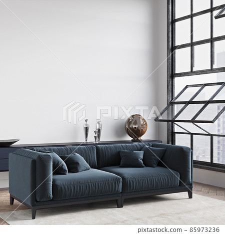 Beautiful interior of a modern room. Bright and clean design. A sofa standing by a large window against a wall background. 3D rendering Beautiful interior of a modern room. Bright and clean design. A sofa standing by a large window against a wall background. 3D rendering 85973236