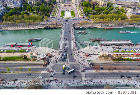 Aerial view of Paris city and Seine river from Eiffel Tower. France. April 2019 85973381
