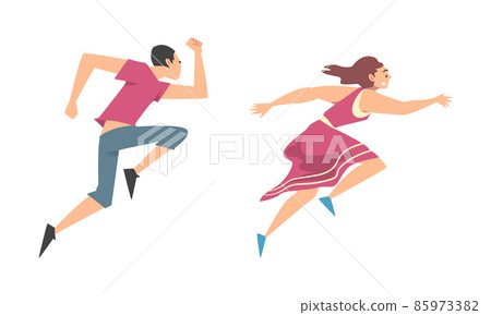 Man and Woman Character Running in a Hurry and Hasten Somewhere Vector Set 85973382
