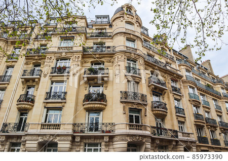 Architecture of Paris France. Facade of a traditional apartment building 85973390