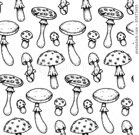 Seamless pattern with hand drawn sketches of poisonous mushrooms with hatching. Amanita and false mushrooms. Vector natural texture for wallpaper. 85973495