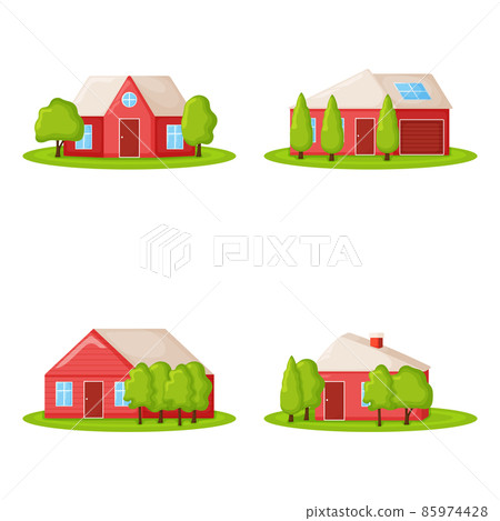 Set of cute red country house with tree, summer cottage building on green field modern cartoon vector illustration, isolated on white. 85974428