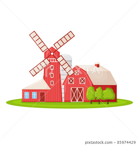 Country house with red mill, farm barn and granary building on green farm field plot cartoon vector illustration, isolated on white. Country house with red mill, farm barn and granary building on green farm field plot cartoon vector illustration, isolated on white. 85974429