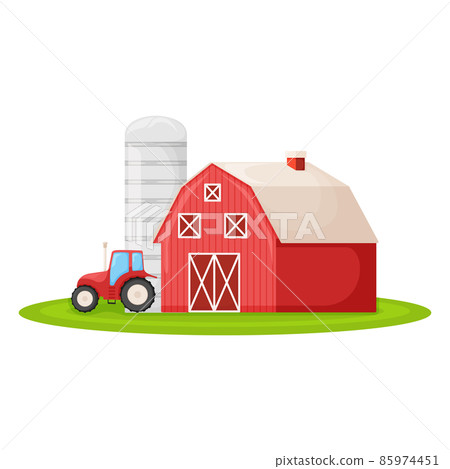 Country house with red barn, farmer tractor and granary building on green farm field plot cartoon vector illustration, isolated on white. 85974451