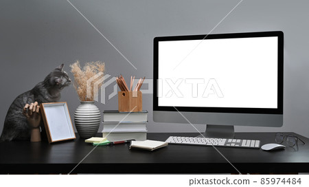 Computer with blank screen and cute cat on black table. 85974484