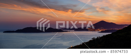 Sunset landscape view of Budva riviera in Montenegro 85974733