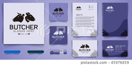 rabbit, cow head, crossed knife, slaughter logo and business branding template Designs Inspiration Isolated on White Background rabbit, cow head, crossed knife, slaughter logo and business branding template Designs Inspiration Isolated on White Background 85976859