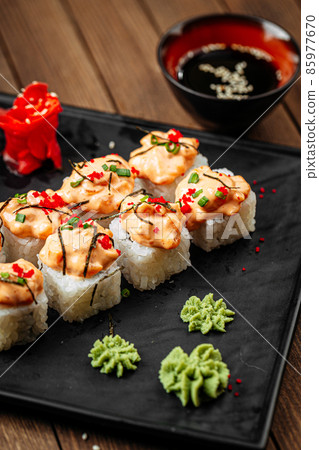 Cheese ebi sushi rolls with wasabi and soy sauce Cheese ebi sushi rolls with wasabi and soy sauce 85977670