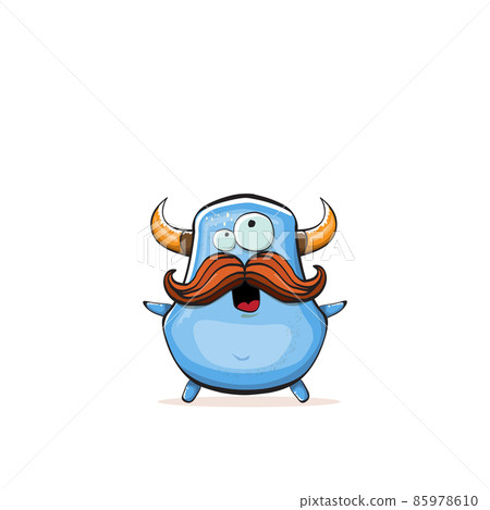 Vector cartoon funny blue monster with horn isolated on white background. Smiling silly blue monster print sticker design template. Ghost, troll, gremlin, goblin, devil and monster Vector cartoon funny blue monster with horn isolated on white background. Smiling silly blue monster print sticker design template. Ghost, troll, gremlin, goblin, devil and monster 85978610