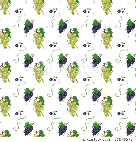 Seamless pattern with white grapes on branches with berries and leaves. Sweet healthy food print, wholesome delicious dessert background. Vector flat illustration Seamless pattern with white grapes on branches with berries and leaves. Sweet healthy food print, wholesome delicious dessert background. Vector flat illustration 85979578