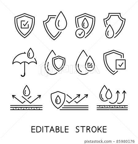 Waterproof icons such as shield, umbrella, liquid resistant layers. Rain protection 85980176