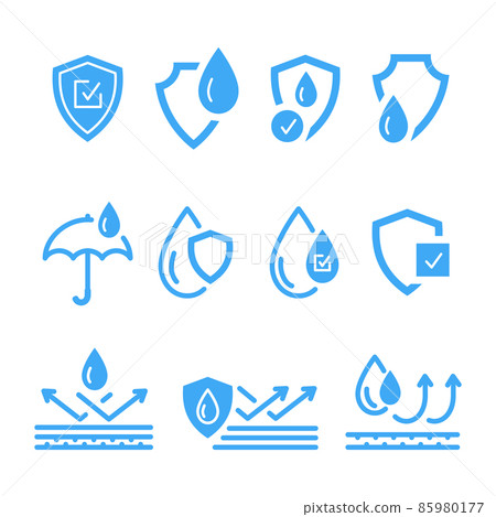 Waterproof icons such as shield, umbrella, liquid resistant layers, water drops 85980177