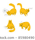 Disgruntled cat wonders where his food is, meows, demands his food, sleeps. Set of pet vector illustration isolated on white background. Simple cartoon doodle style. Funny chubby domestic animal. 85980490