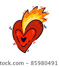 Burning heart with flame. Element for design saint valentine day, 14 February. Vector illustration doodle style isolated on white background. Hand drawn colored trendy clip art. Symbol of passion love 85980491