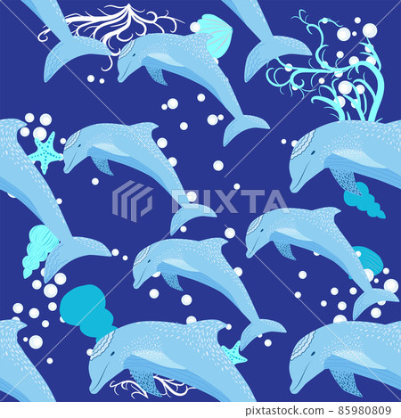 Dolphin, sea inhabitants seamless pattern, beautiful character among seashells, algae, starfish, marine wildlife. 85980809