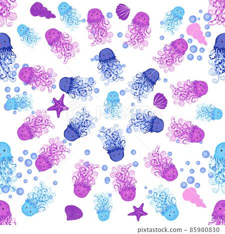 Jellyfish, fish, animals bright seamless patterns. Sea travel, snorkeling with animals, tropical fish. 85980830