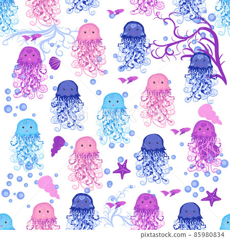 Jellyfish, fish, animals bright seamless patterns. Sea travel, snorkeling with animals, tropical fish. Jellyfish, fish, animals bright seamless patterns. Sea travel, snorkeling with animals, tropical fish. 85980834