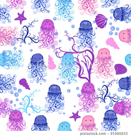 Jellyfish, fish, animals bright seamless patterns. Sea travel, snorkeling with animals, tropical fish. 85980835