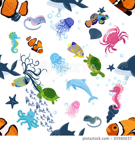 Marine life, fish, animals bright seamless pattern. sea travel, underwater diving animal tropical fish. Jellyfish, whale, shark, seahorse, clown fish, dolphin, turtle emperor fish octopus stingray 85980837