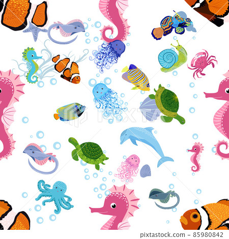 Marine life, fish, animals bright seamless pattern. sea travel, underwater diving animal tropical fish. Jellyfish, whale, shark, seahorse, clown fish, dolphin, turtle emperor fish octopus stingray Marine life, fish, animals bright seamless pattern. sea travel, underwater diving animal tropical fish. Jellyfish, whale, shark, seahorse, clown fish, dolphin, turtle emperor fish octopus stingray 85980842