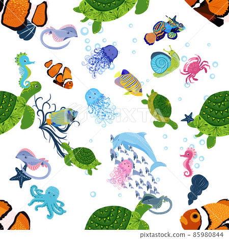 Marine life, fish, animals bright seamless pattern. sea travel, underwater diving animal tropical fish. Jellyfish, whale, shark, seahorse, clown fish, dolphin, turtle emperor fish octopus stingray 85980844