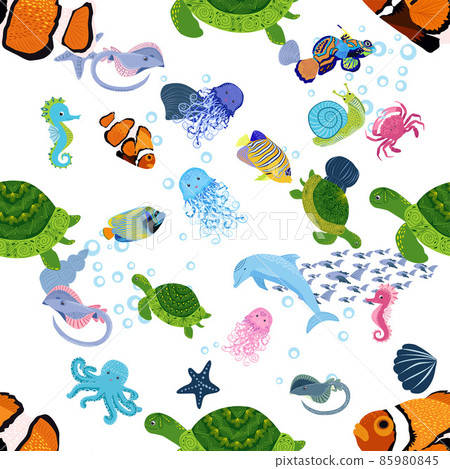 Marine life, fish, animals bright seamless pattern. sea travel, underwater diving animal tropical fish. Jellyfish, whale, shark, seahorse, clown fish, dolphin, turtle emperor fish octopus stingray 85980845