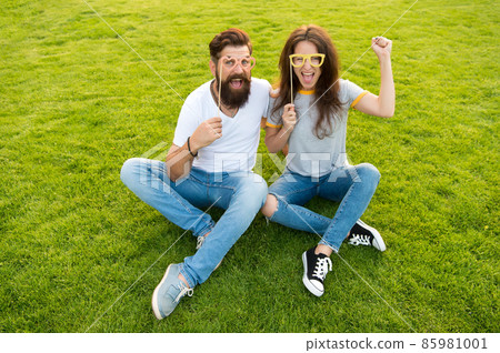 Man bearded hipster and pretty woman cheerful faces. Man bearded hipster and pretty woman cheerful faces. 85981001