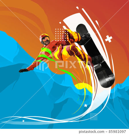 Contemporary art collage. Creative artwork. Professional sportsman, snowboarder in sportswear snowboarding isolated bright background. 85981097