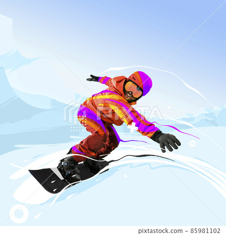 Contemporary art collage. Creative artwork. Professional sportsman, snowboarder in sportswear snowboarding isolated bright background. 85981102