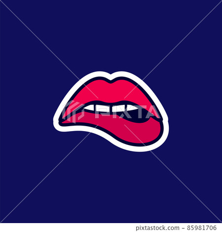 Womans sensuous lips, beautiful open mouth biting lip with lipstick, sticker in the cartoon style. Womans sensuous lips, beautiful open mouth biting lip with lipstick, sticker in the cartoon style. 85981706