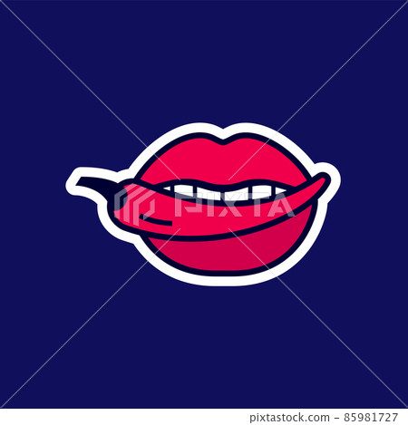Sexy lips with chili pepper, red hot chili pepper in open mouth, sticker in the cartoon style. Sexy lips with chili pepper, red hot chili pepper in open mouth, sticker in the cartoon style. 85981727