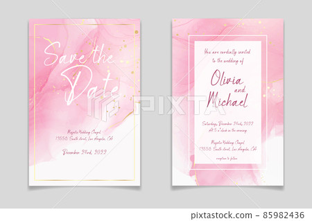Rose pink liquid watercolor background with golden dots. Dusty blush marble alcohol ink drawing effect. Vector illustration design template for wedding invitation, menu, rsvp 85982436