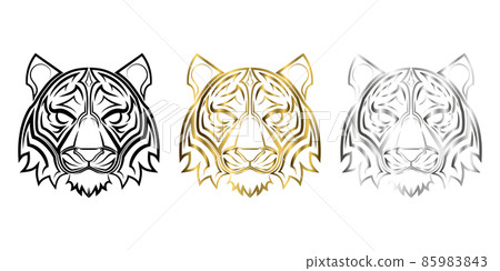 gold line art of tiger head. Good use for symbol, mascot, icon