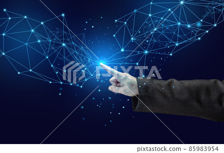 world wide web internet with connections and female hand. Wireless coverage of the planet 85983954