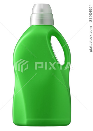 Plastic bottle of green color with a handle isolated on a white background. Container for household 85984994