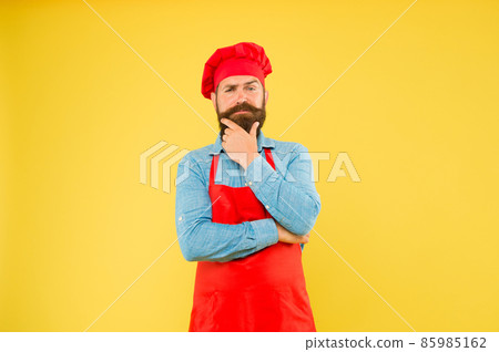 Chef in red uniform restaurant cook readily providing dish Chef in red uniform restaurant cook readily providing dish 85985162