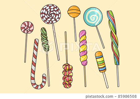 Set of different caramel candies on sticks  85986508