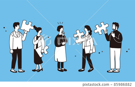 Simple illustrations of people with puzzle pieces Simple illustrations of people with puzzle pieces 85986882